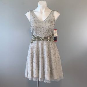 AIDAN MATTOX Sequined Mesh Mini Fit and Flare Silver Gold Cocktail Dress